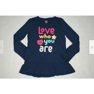 Girls L/S Knit T-Shirt NAVY BLUE TUNIC Ruffled LOVE WHO YOU ARE Size 6-6X